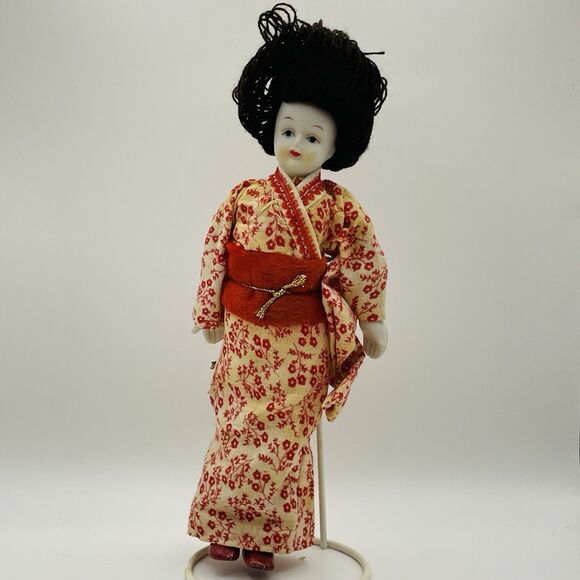 Vintage Porcelain & Cloth Asian Style Doll 9" Cultural Clothing - Picture 1 of 8